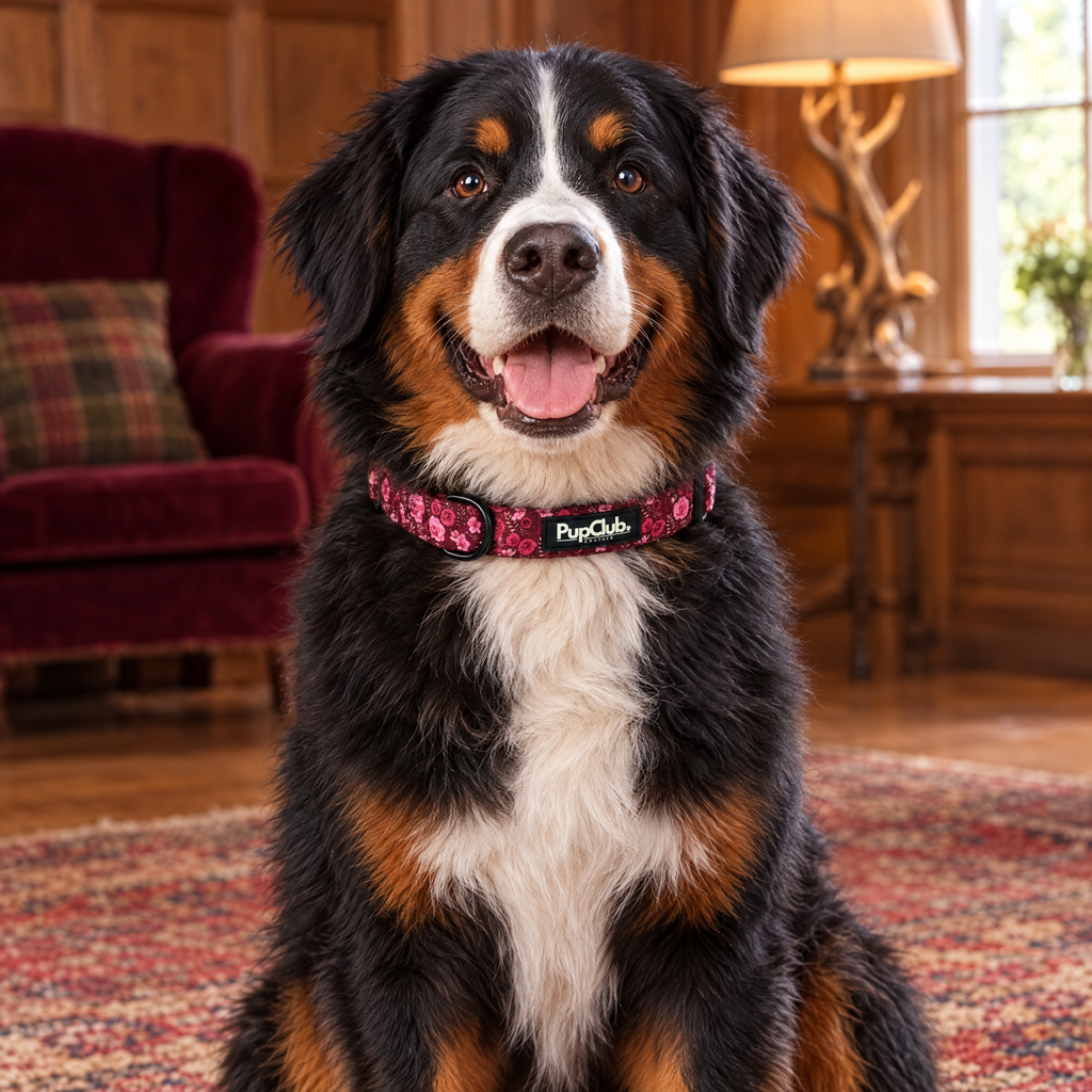 Bernese Mountain Dog sitting in an oak-panelled country house hall wearing The Burgundy Bloom Dog Collar by PupClub Couture