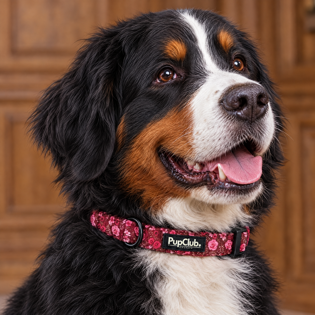 Close-up of The Burgundy Bloom Dog Collar by PupClub Couture on a Bernese Mountain Dog, showing the buckle and D-ring