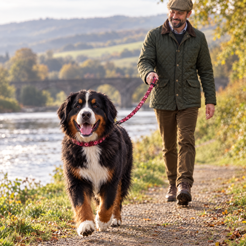 Bernese Mountain Dog walking by the River Tweed wearing The Burgundy Bloom Dog Collar by PupClub Couture with the matching lead