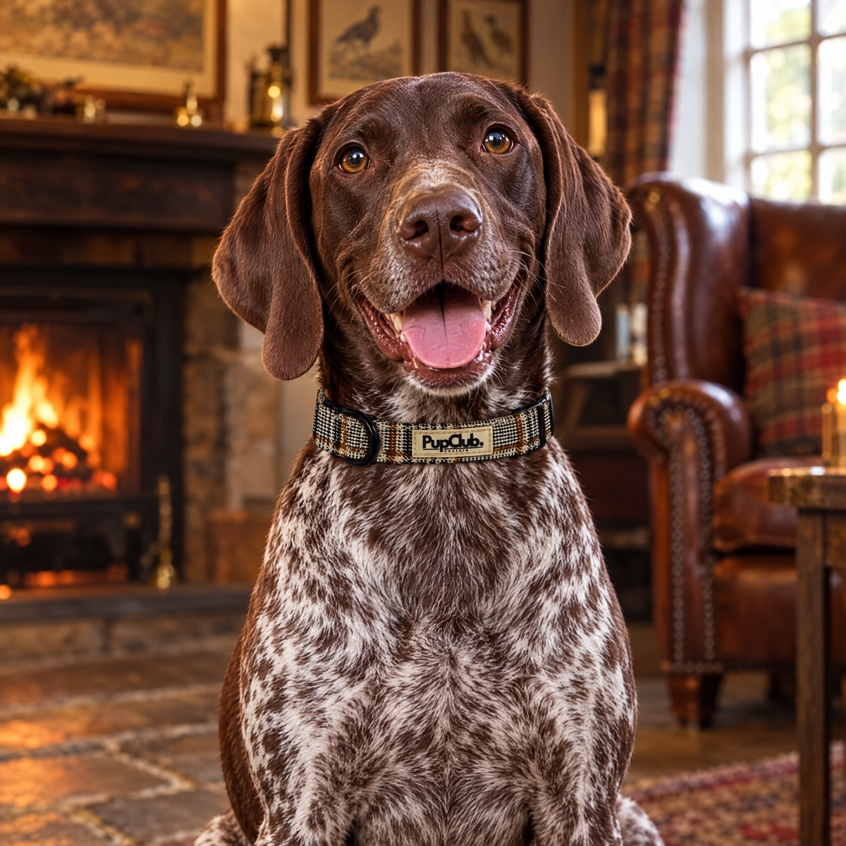 German Shorthaired Pointer sitting in a firelit Norfolk snug wearing The Foxbury Plaid Dog Collar by PupClub Couture