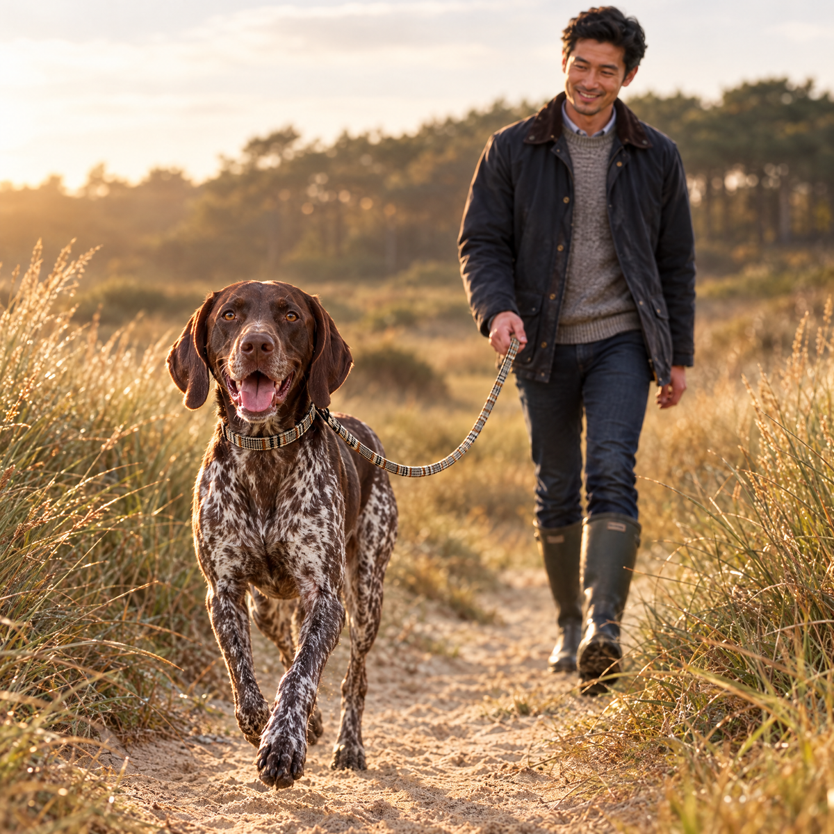 German Shorthaired Pointer walking through the reeds at Holkham with The Foxbury Plaid Dog Lead by PupClub Couture clipped to the matching collar