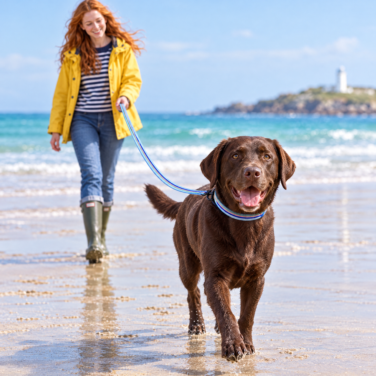 Chocolate Labrador walking on a St Ives beach wearing The Sea Breeze Stripes Dog Collar by PupClub Couture with the matching lead