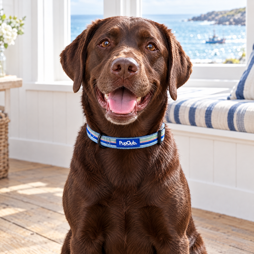 Chocolate Labrador sitting in a Cornish harbour cottage wearing The Sea Breeze Stripes Dog Collar by PupClub Couture