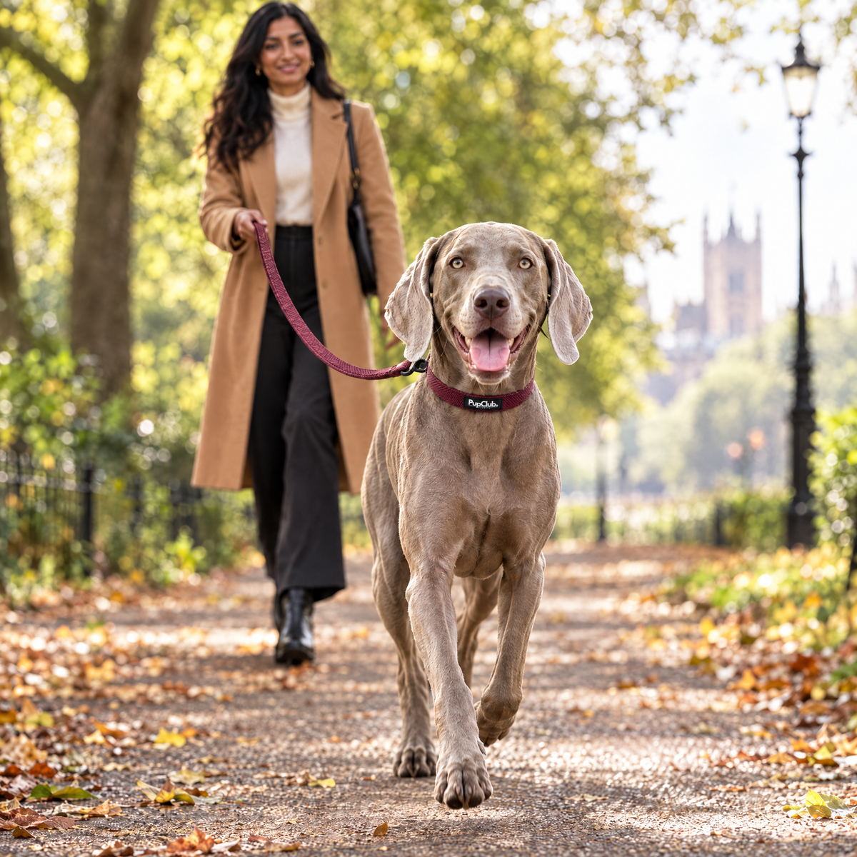 A Weimaraner walking in a London park wearing The Berry Tweed Dog Collar by PupClub Couture with the matching lead