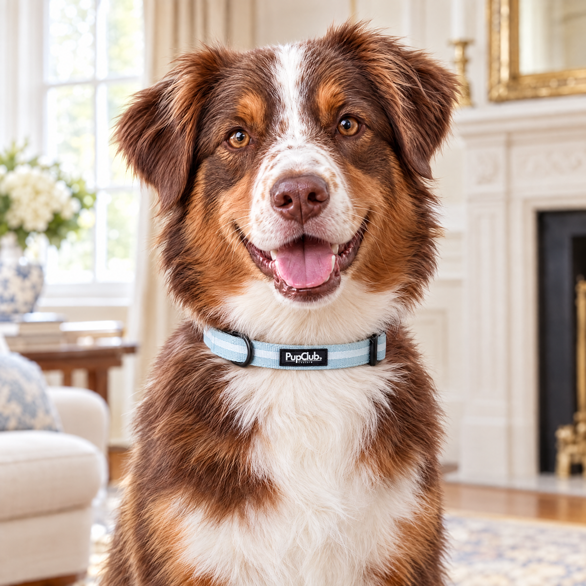 An Australian Shepherd sitting in a Georgian drawing room wearing The Pastel Blue Dog Collar by PupClub Couture