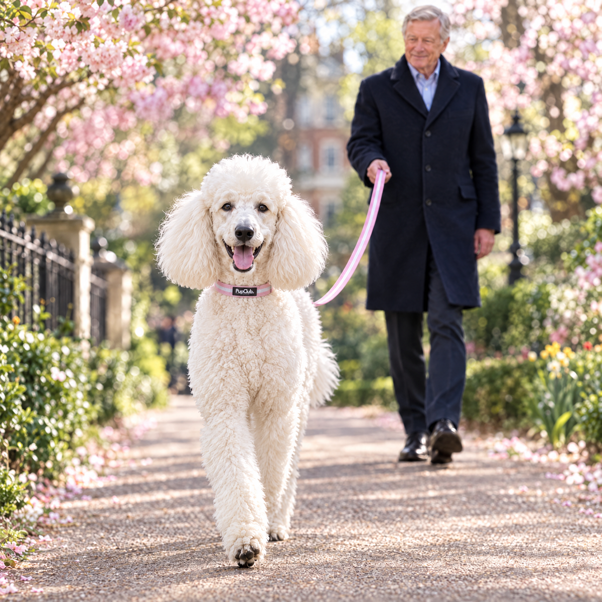 A white Standard Poodle walking along a blossom-lined garden path wearing The Pastel Pink Dog Collar by PupClub Couture with the matching lead