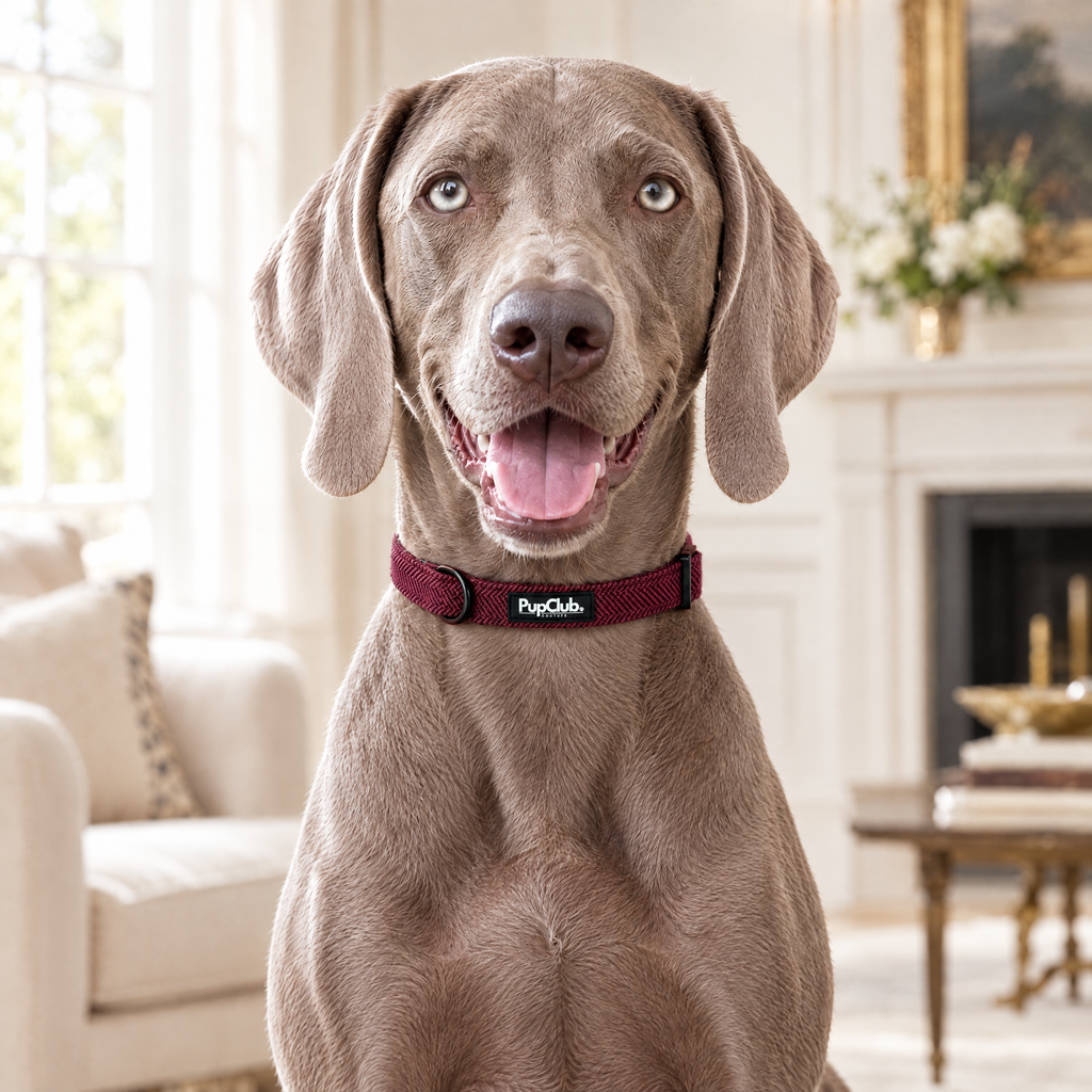 A Weimaraner sitting in a Georgian drawing room wearing The Berry Tweed Dog Collar by PupClub Couture
