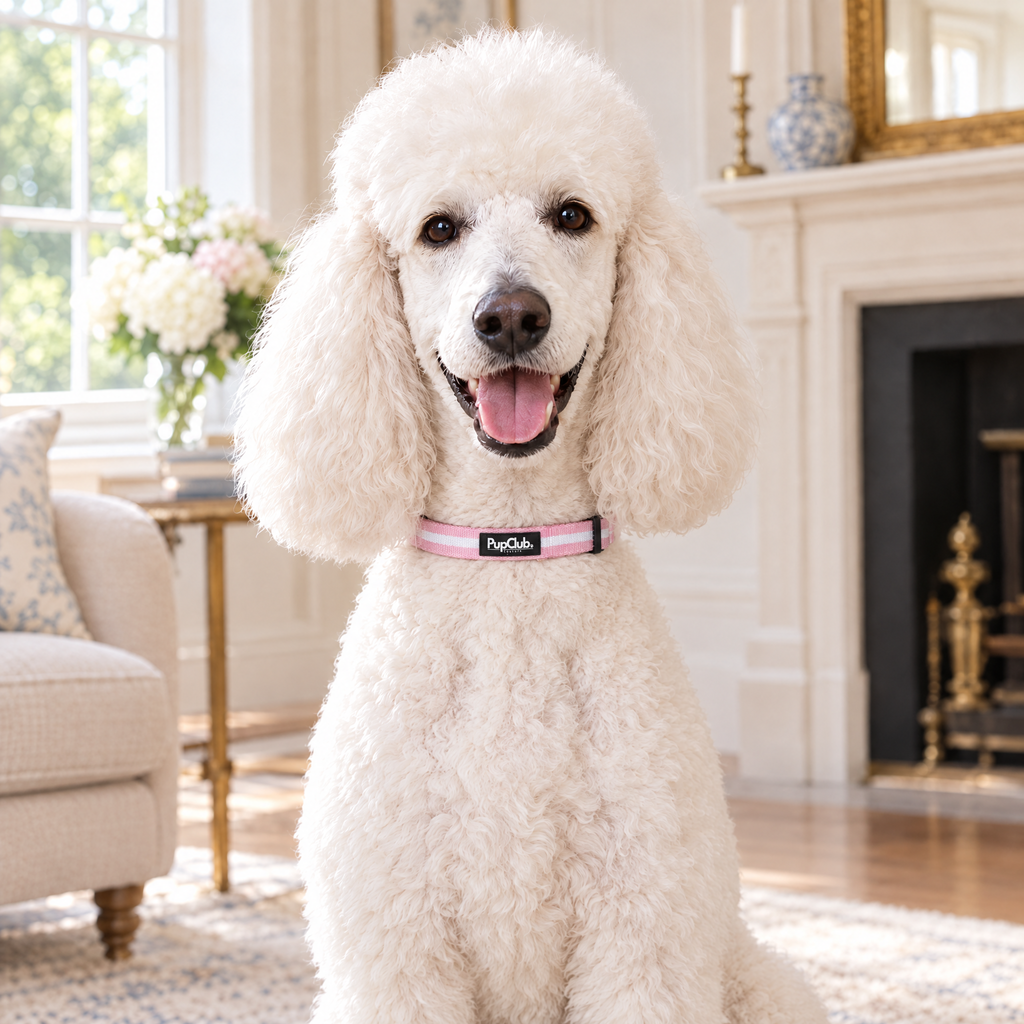 A white Standard Poodle sitting in a Georgian drawing room wearing The Pastel Pink Dog Collar by PupClub Couture