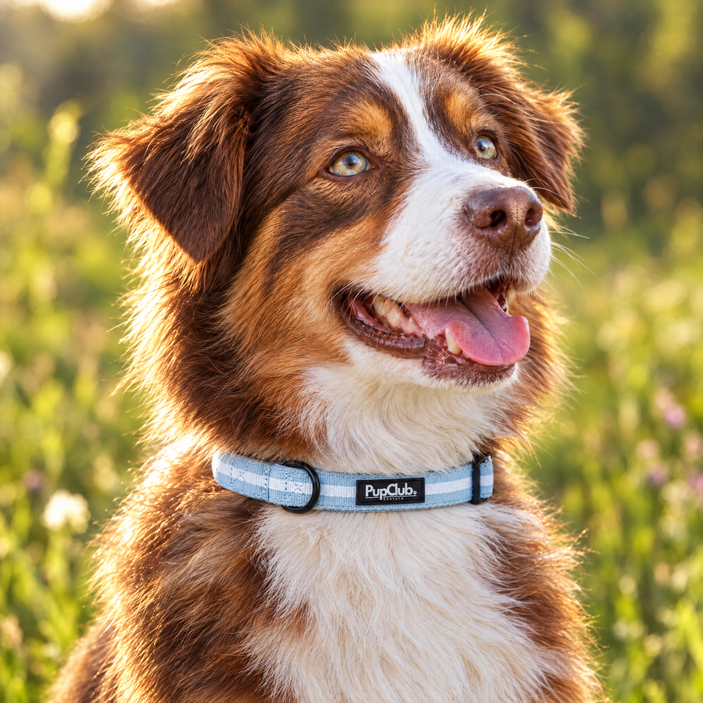 Close-up of The Pastel Blue Dog Collar by PupClub Couture on an Australian Shepherd, showing the buckle and D-ring