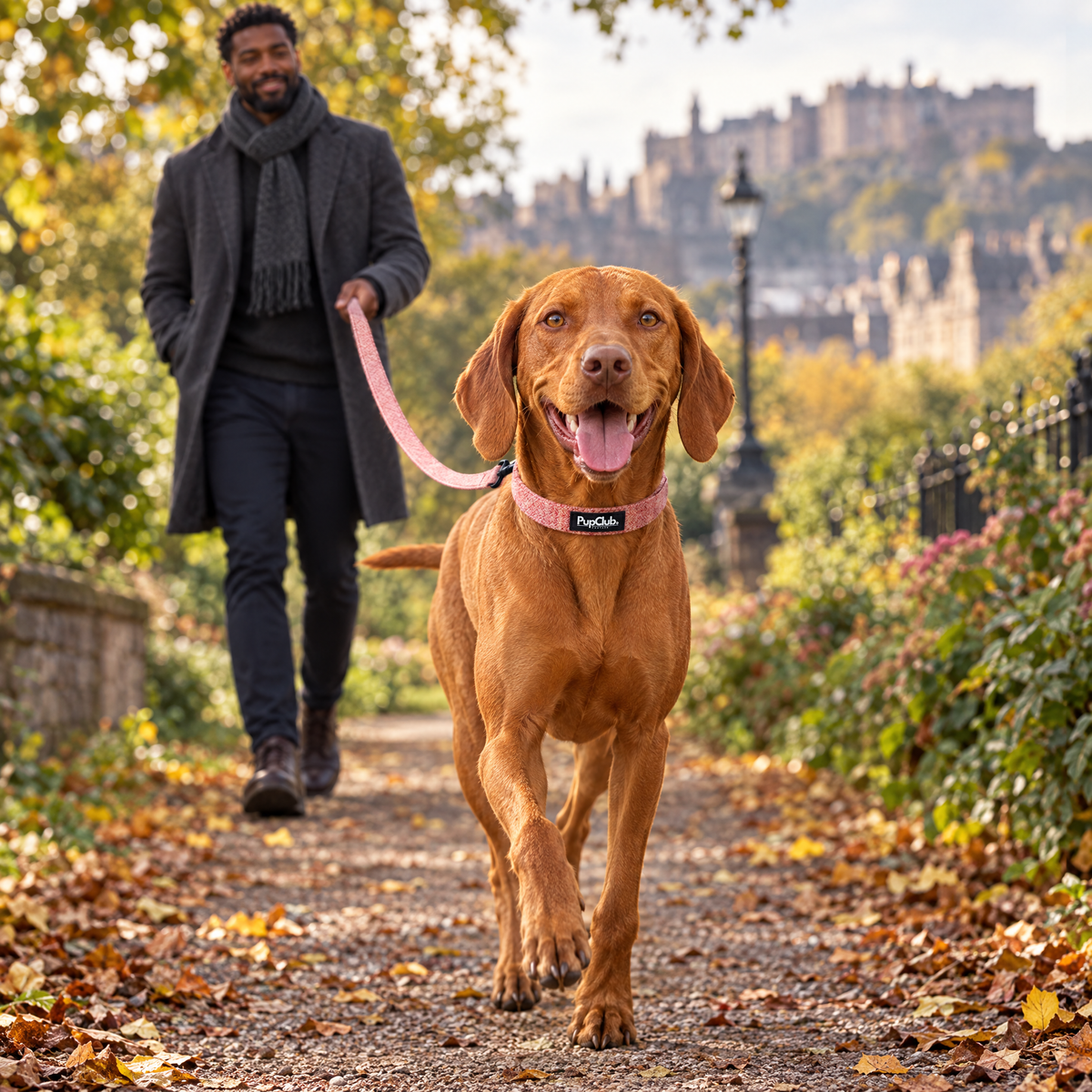 A Hungarian Vizsla walking along a leafy Edinburgh garden path wearing The Tweed Pink Dog Collar by PupClub Couture with the matching lead