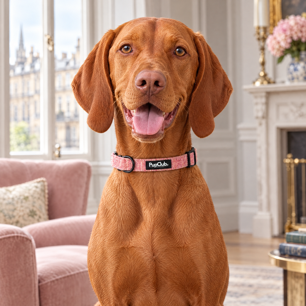 A Hungarian Vizsla sitting in an Edinburgh New Town drawing room wearing The Tweed Pink Dog Collar by PupClub Couture