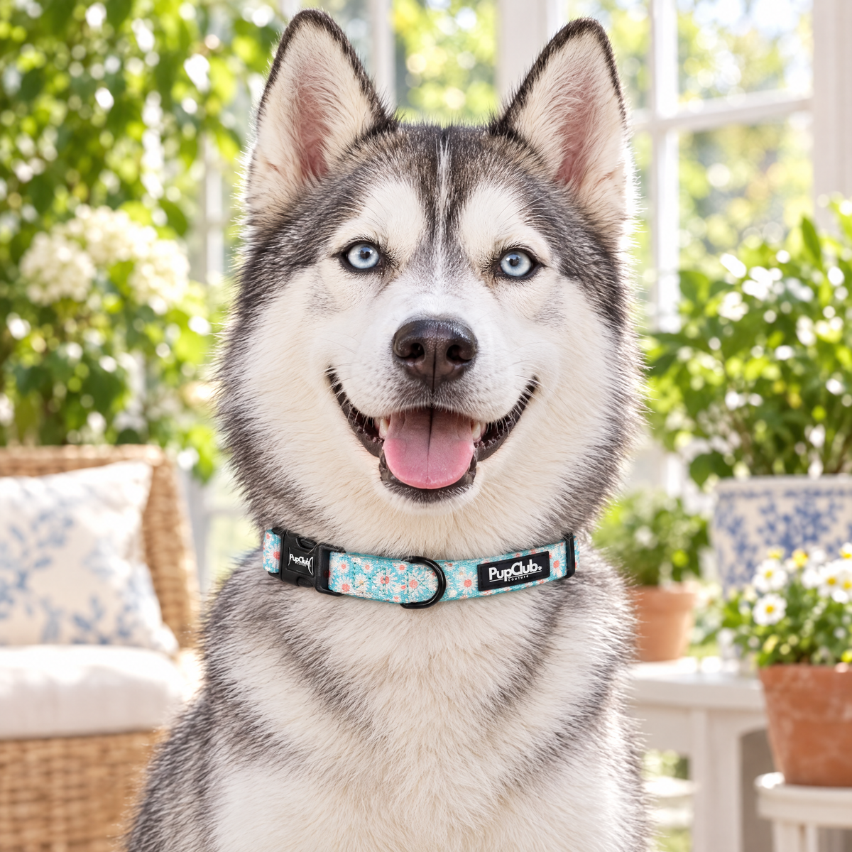 A Siberian Husky sitting in a sunlit conservatory wearing The Pastel Daisy Dog Collar by PupClub Couture