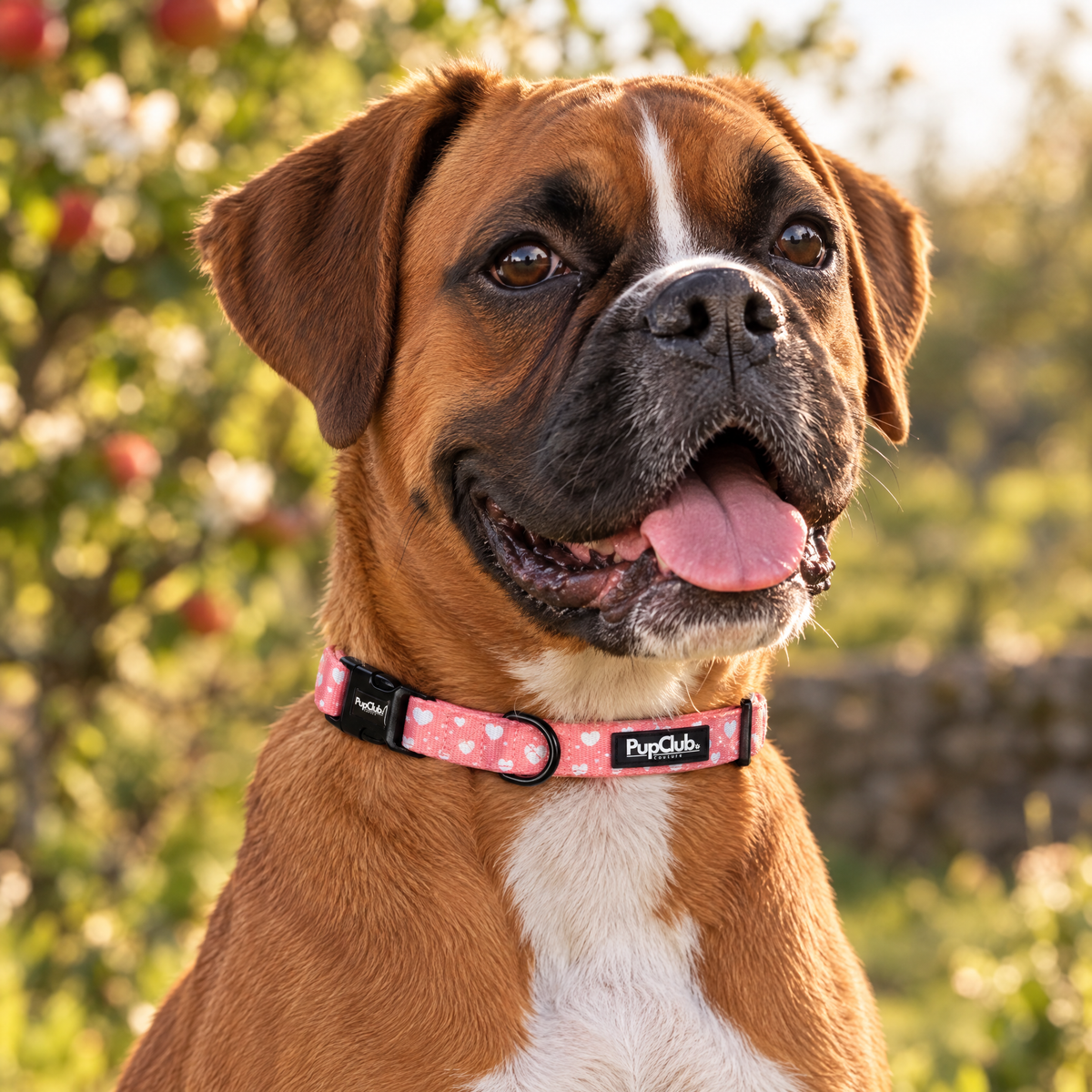 Close-up of The Peachy Hearts Dog Collar by PupClub Couture on a Boxer, showing the buckle and D-ring
