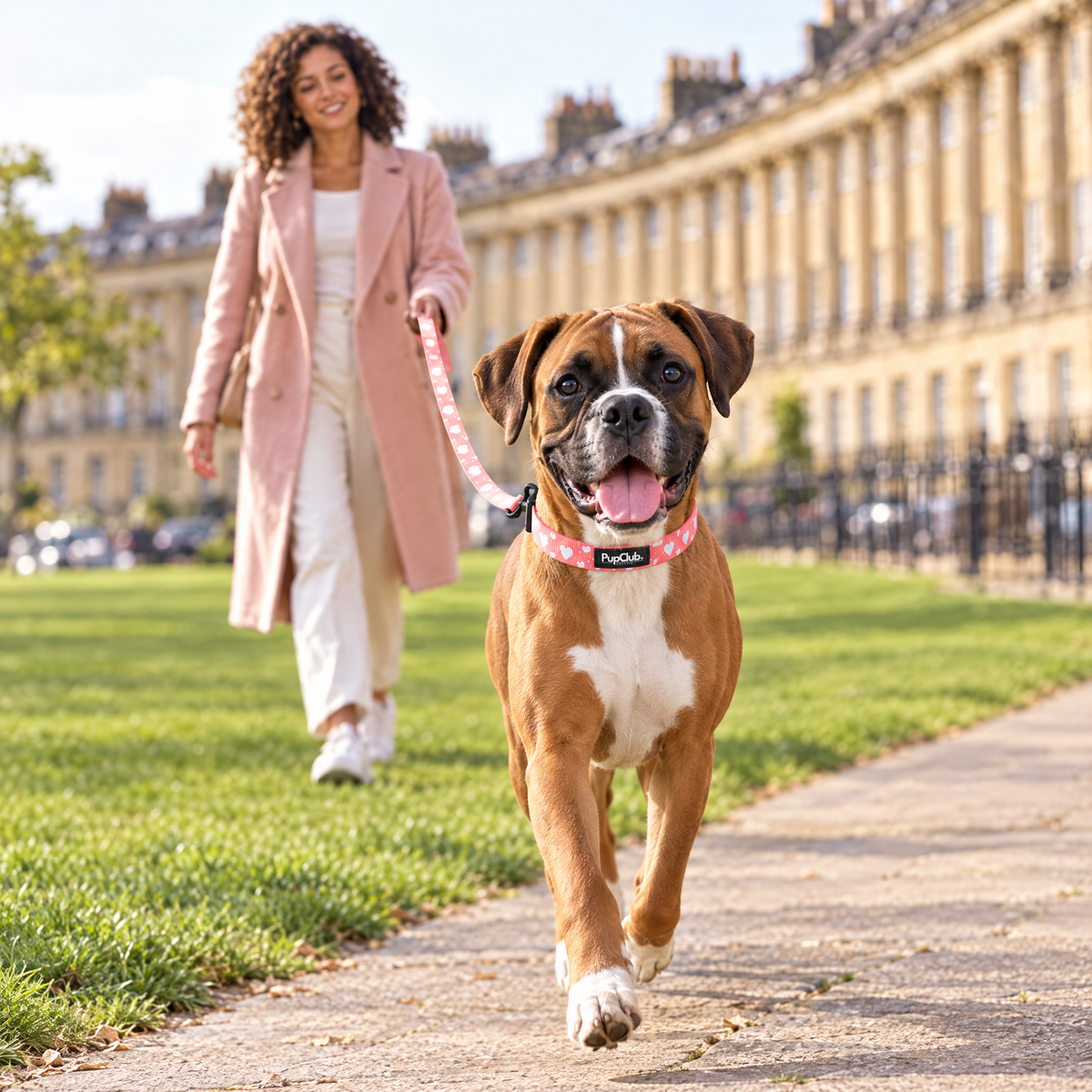 A Boxer walking by the Royal Crescent in Bath wearing The Peachy Hearts Dog Collar by PupClub Couture with the matching lead