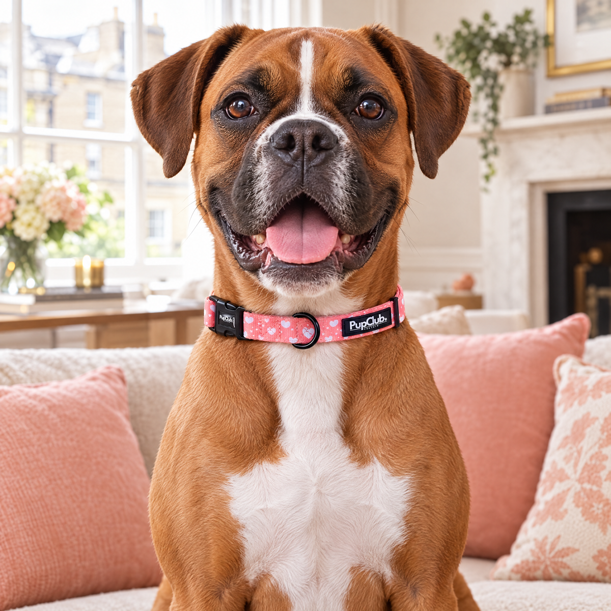 A Boxer sitting in a Bath townhouse sitting room wearing The Peachy Hearts Dog Collar by PupClub Couture