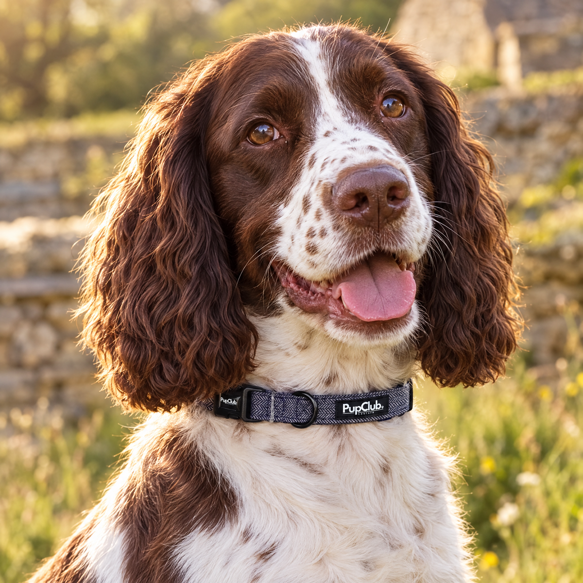 An English Springer Spaniel sitting in a Cotswold cottage hallway wearing The Tweed Blue Dog Collar by PupClub Couture