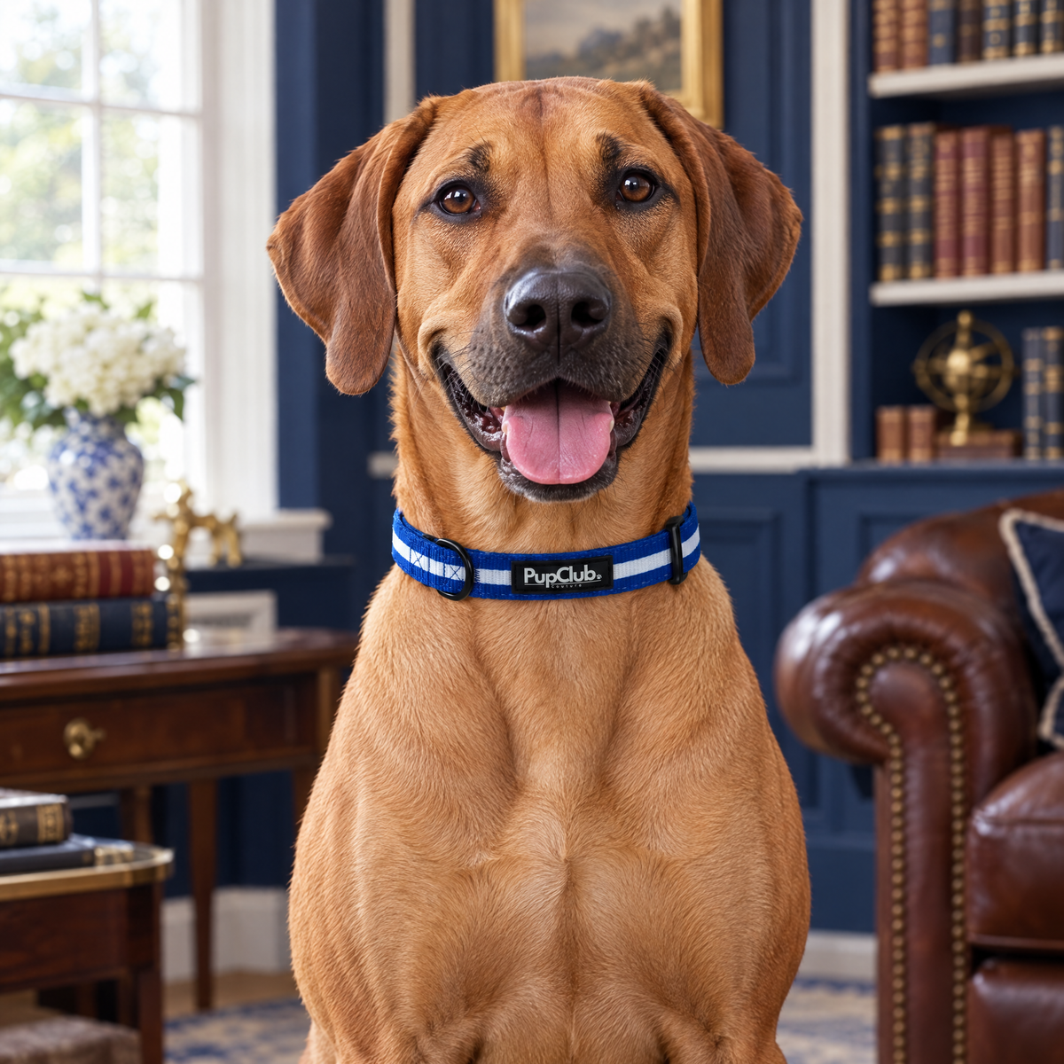 Close-up of The Royal Blue Dog Collar by PupClub Couture on a Rhodesian Ridgeback, showing the buckle and D-ring