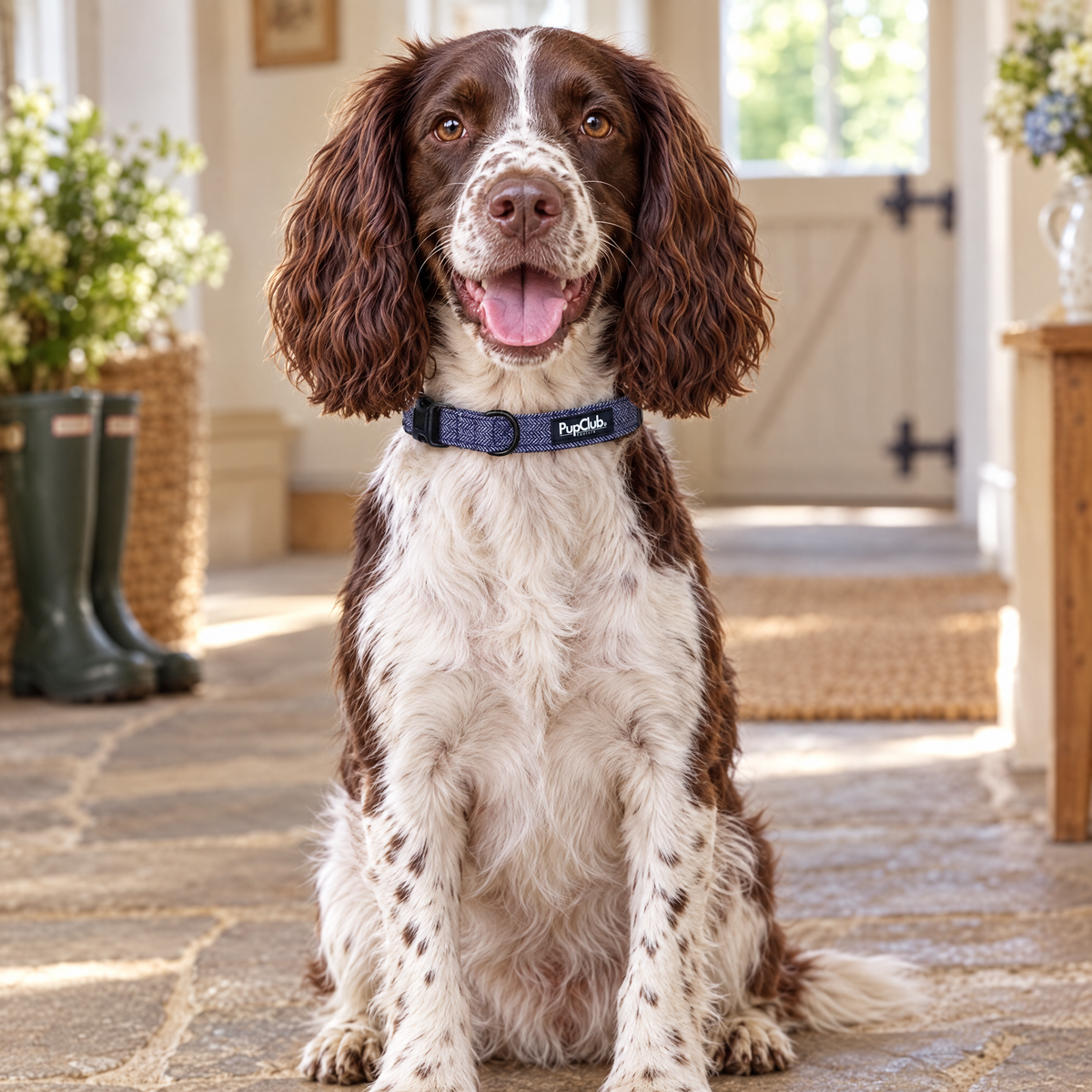 Close-up of The Tweed Blue Dog Collar by PupClub Couture on an English Springer Spaniel, showing the buckle and D-ring