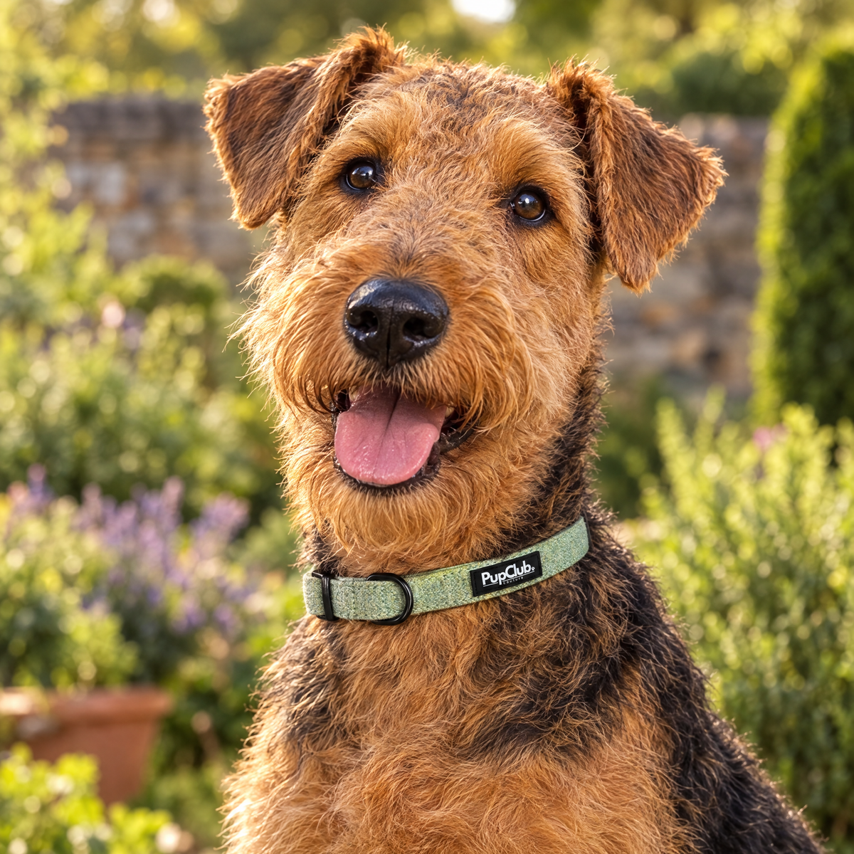 An Airedale Terrier sitting in a Georgian garden room wearing The Tweed Sage Dog Collar by PupClub Couture