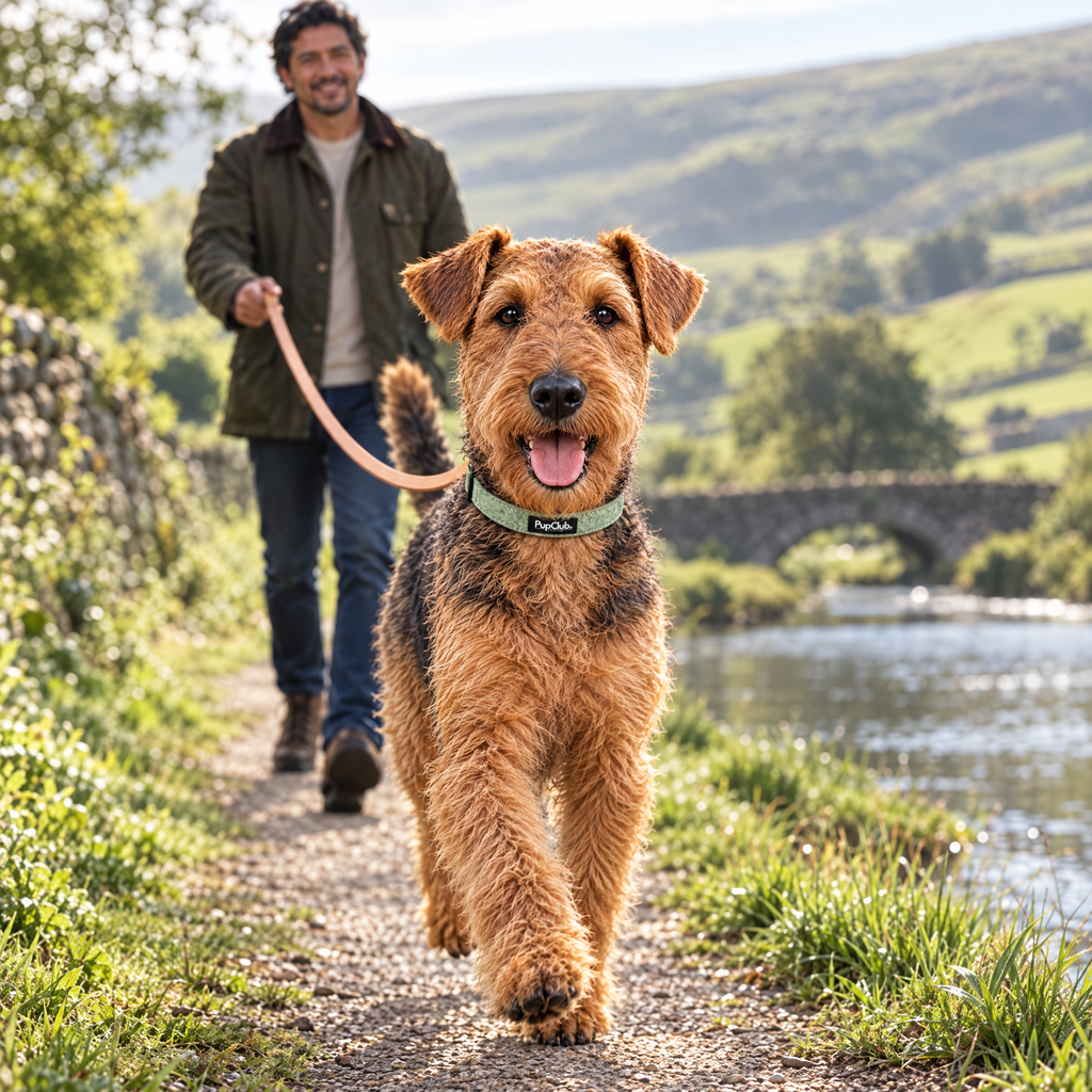 An Airedale Terrier walking along a Yorkshire Dales towpath wearing The Tweed Sage Dog Collar by PupClub Couture