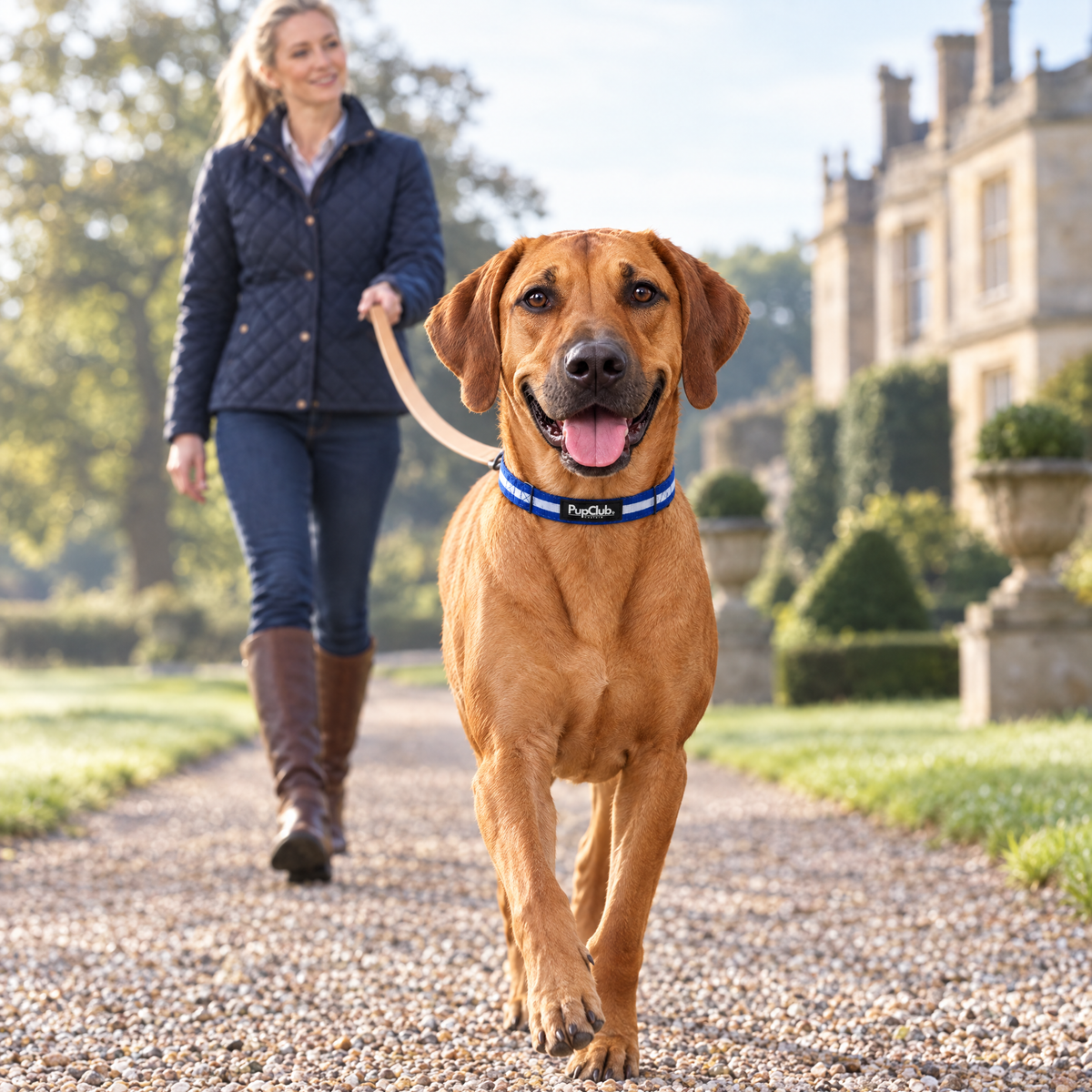 A Rhodesian Ridgeback walking along a country estate avenue wearing The Royal Blue Dog Collar by PupClub Couture