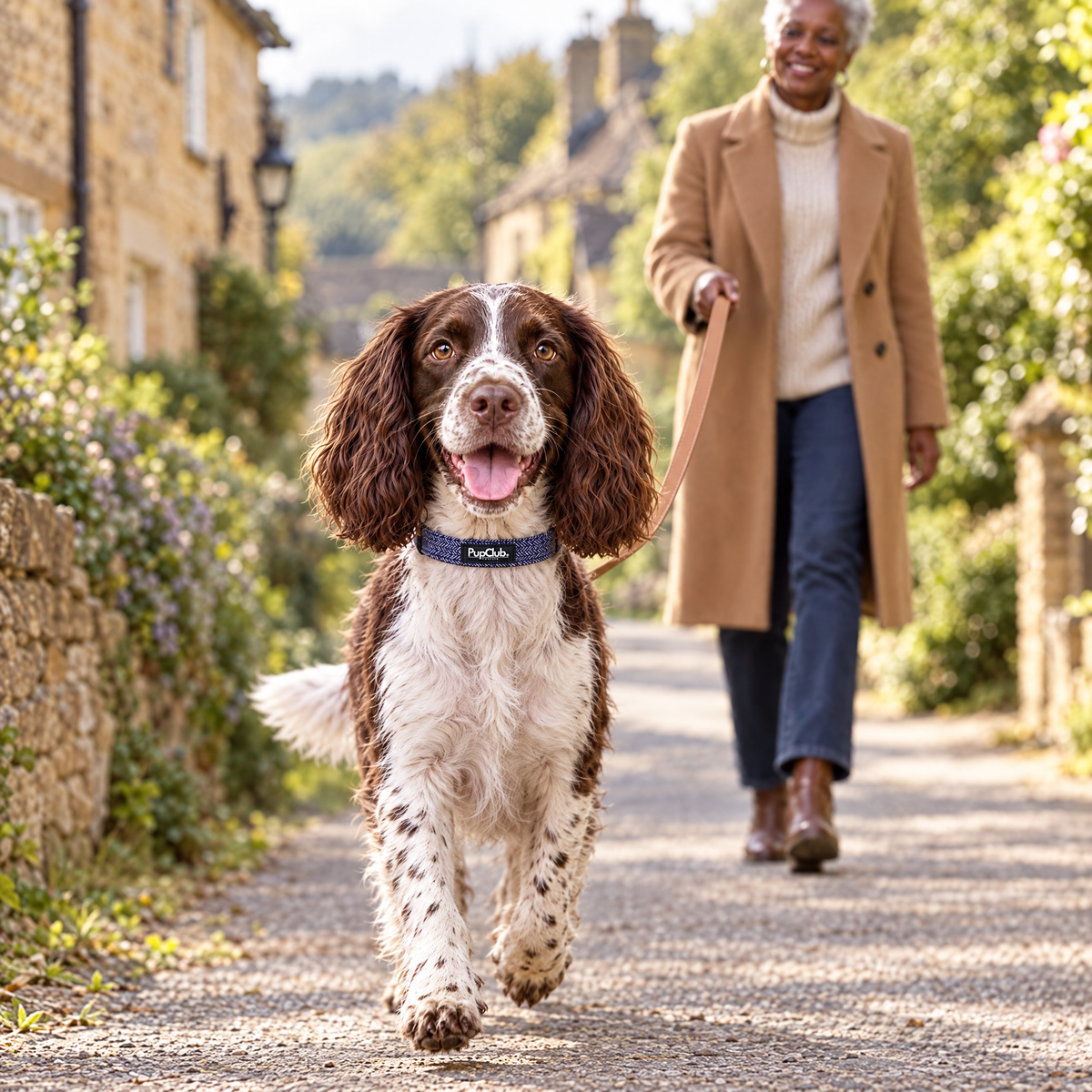 An English Springer Spaniel walking along a Cotswold village lane wearing The Tweed Blue Dog Collar by PupClub Couture