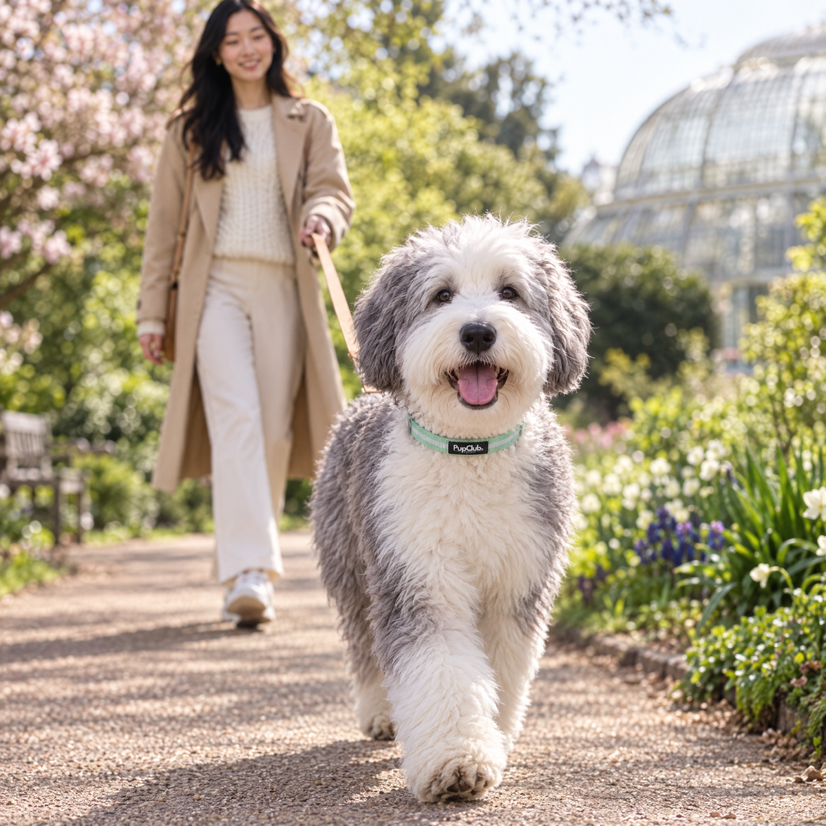 An Old English Sheepdog walking through Kew Gardens wearing The Pastel Mint Dog Collar by PupClub Couture