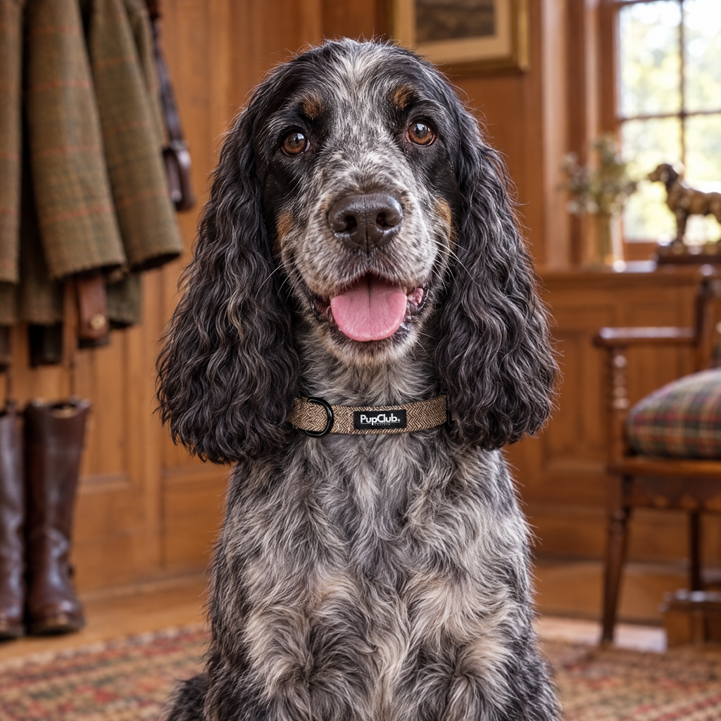 Close-up of The Tweed Brown Dog Collar by PupClub Couture on a Cocker Spaniel, showing the buckle and D-ring
