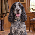 Close-up of The Tweed Brown Dog Collar by PupClub Couture on a Cocker Spaniel, showing the buckle and D-ring