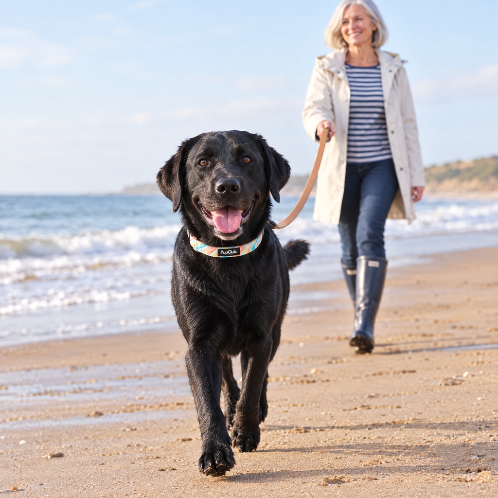 A black Labrador walking on a Norfolk beach wearing The Pastel Waves Dog Collar by PupClub Couture