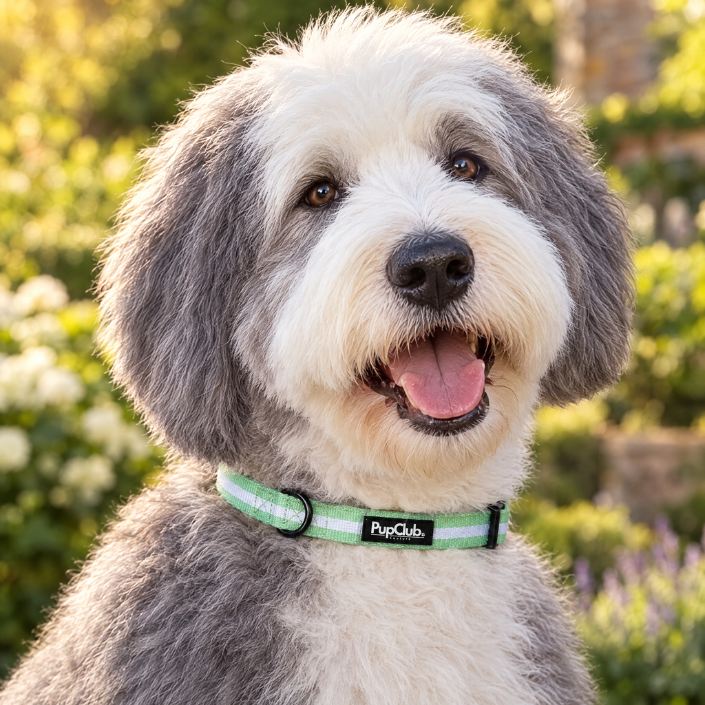 An Old English Sheepdog sitting in a Georgian morning room wearing The Pastel Mint Dog Collar by PupClub Couture
