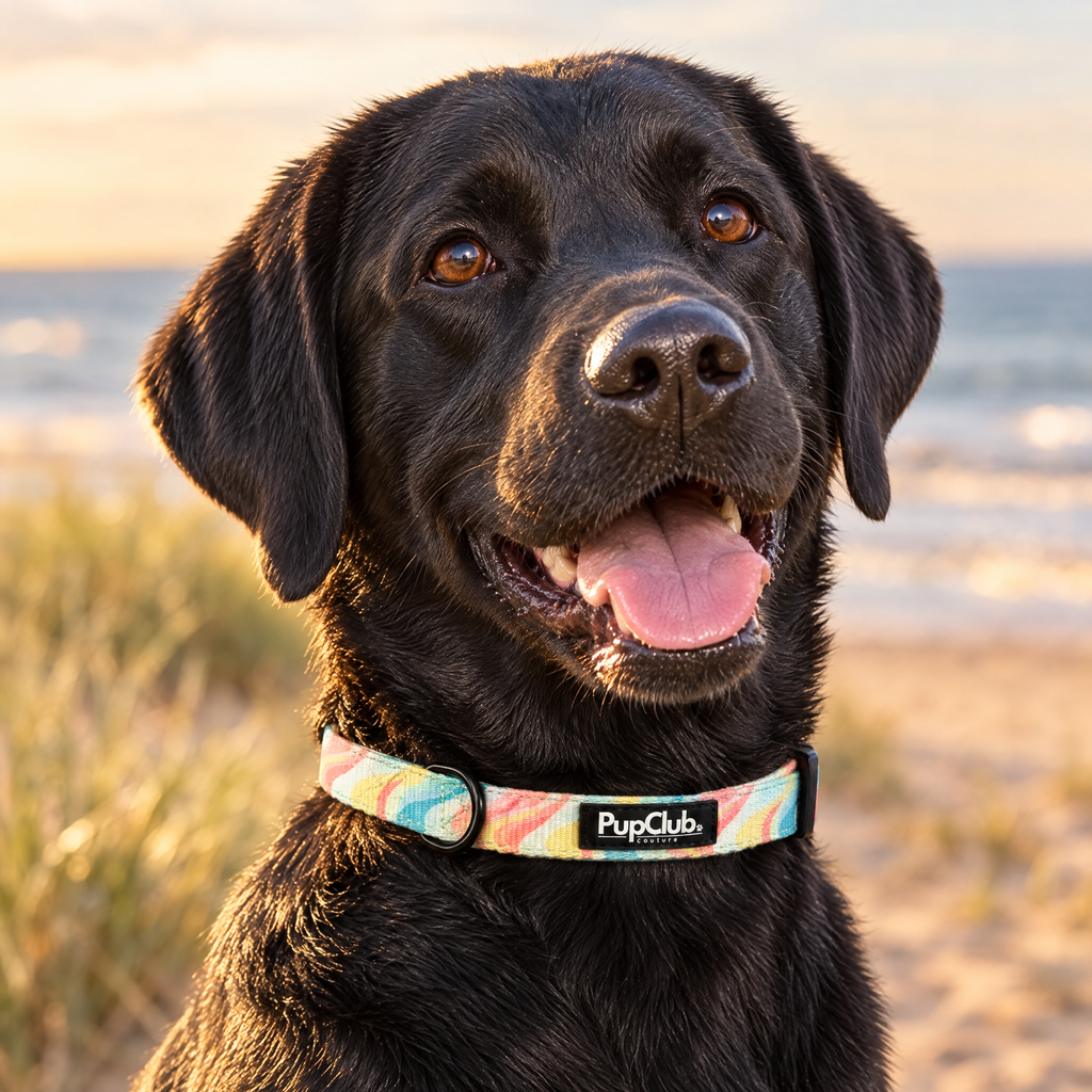 A black Labrador sitting in an Aldeburgh seaside sitting room wearing The Pastel Waves Dog Collar by PupClub Couture