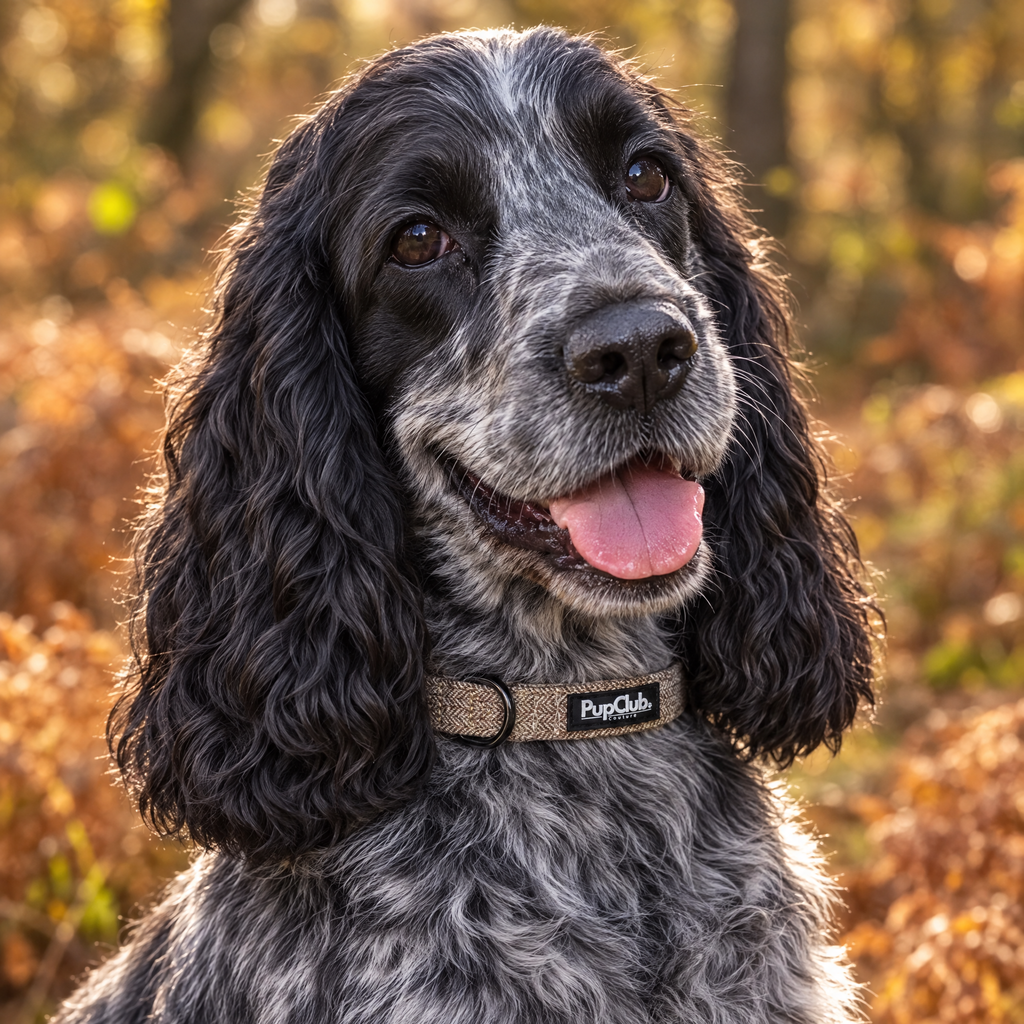 A Cocker Spaniel sitting in a Shropshire country house wearing The Tweed Brown Dog Collar by PupClub Couture