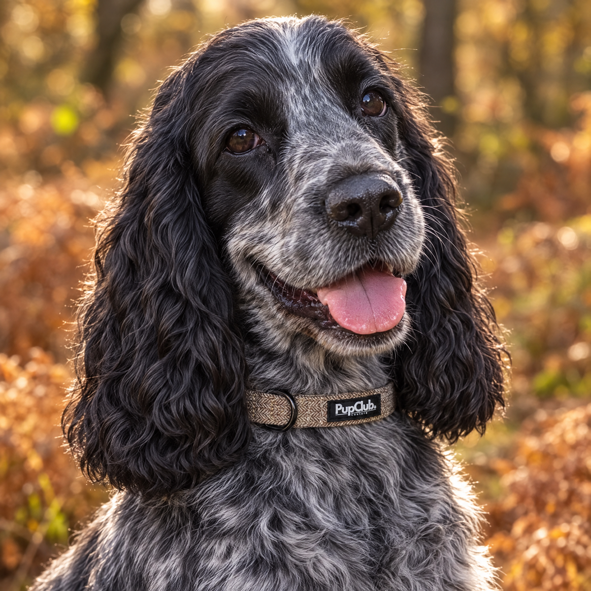 A Cocker Spaniel sitting in a Shropshire country house wearing The Tweed Brown Dog Collar by PupClub Couture
