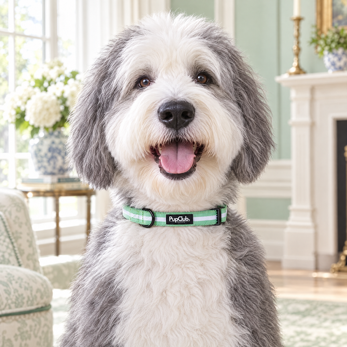 Close-up of The Pastel Mint Dog Collar by PupClub Couture on an Old English Sheepdog, showing the buckle and D-ring