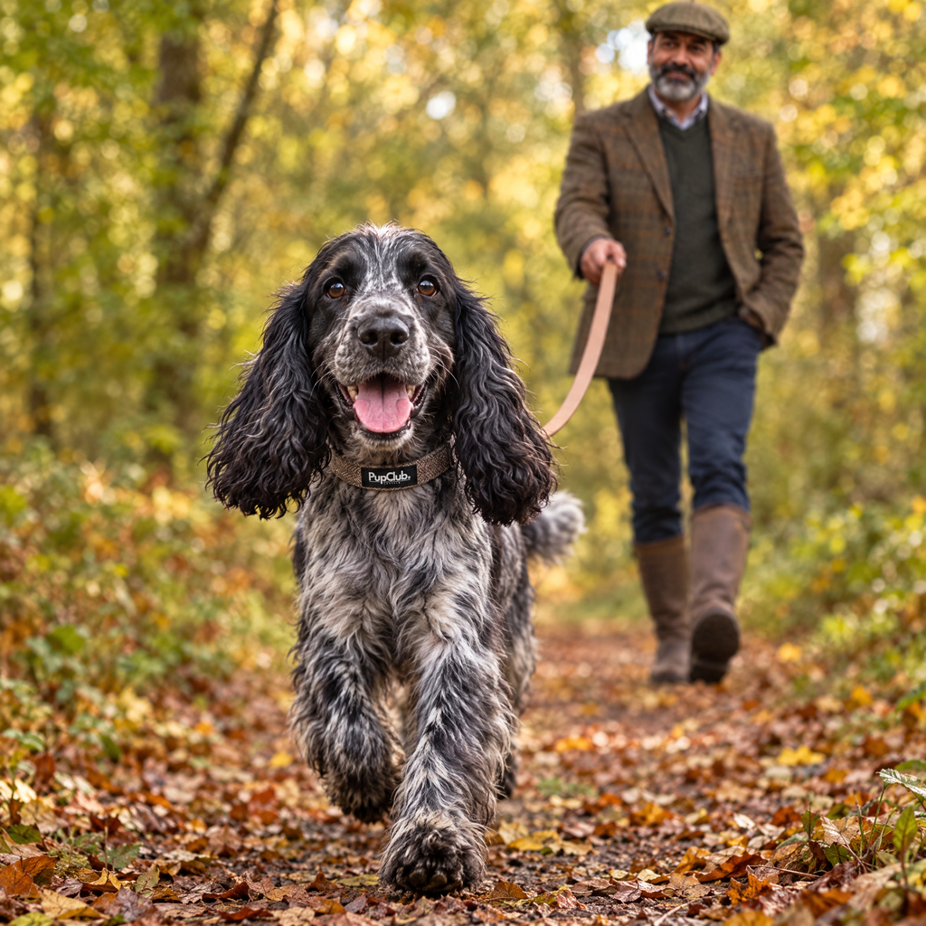 A Cocker Spaniel walking along a Shropshire woodland track wearing The Tweed Brown Dog Collar by PupClub Couture