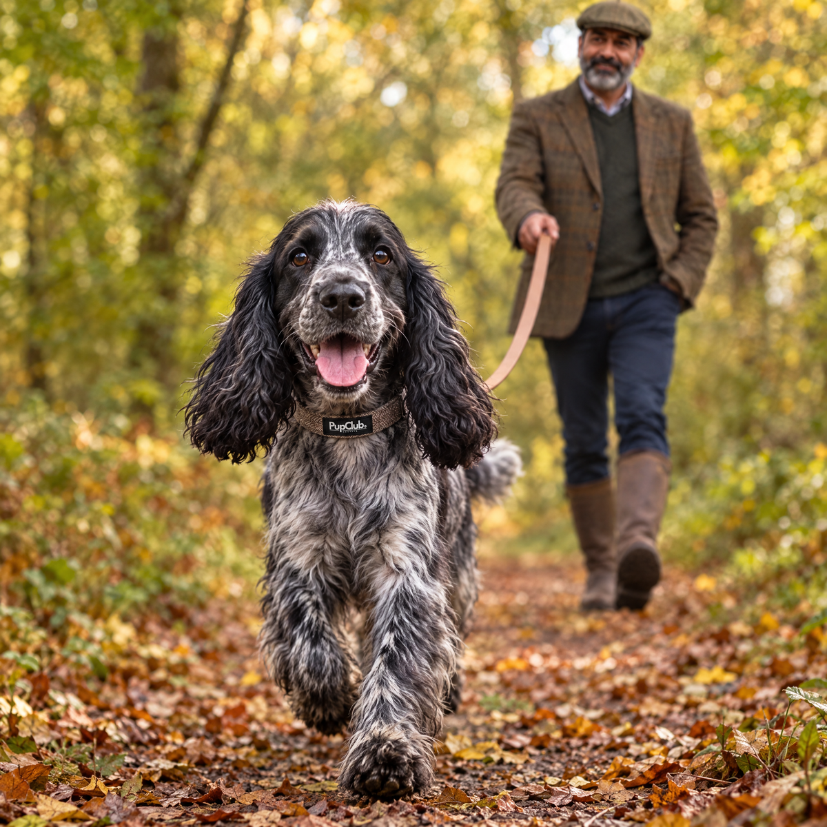 A Cocker Spaniel walking along a Shropshire woodland track wearing The Tweed Brown Dog Collar by PupClub Couture