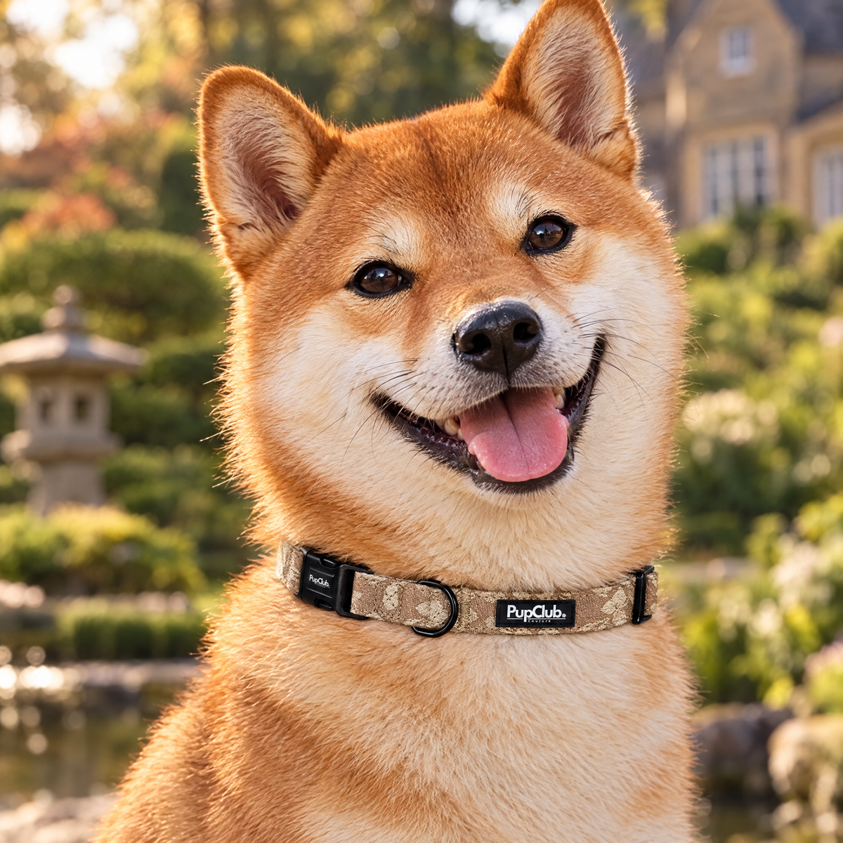 A Shiba Inu sitting in a London mews kitchen wearing The Toffee Latte Petals Luxe Dog Collar by PupClub Couture