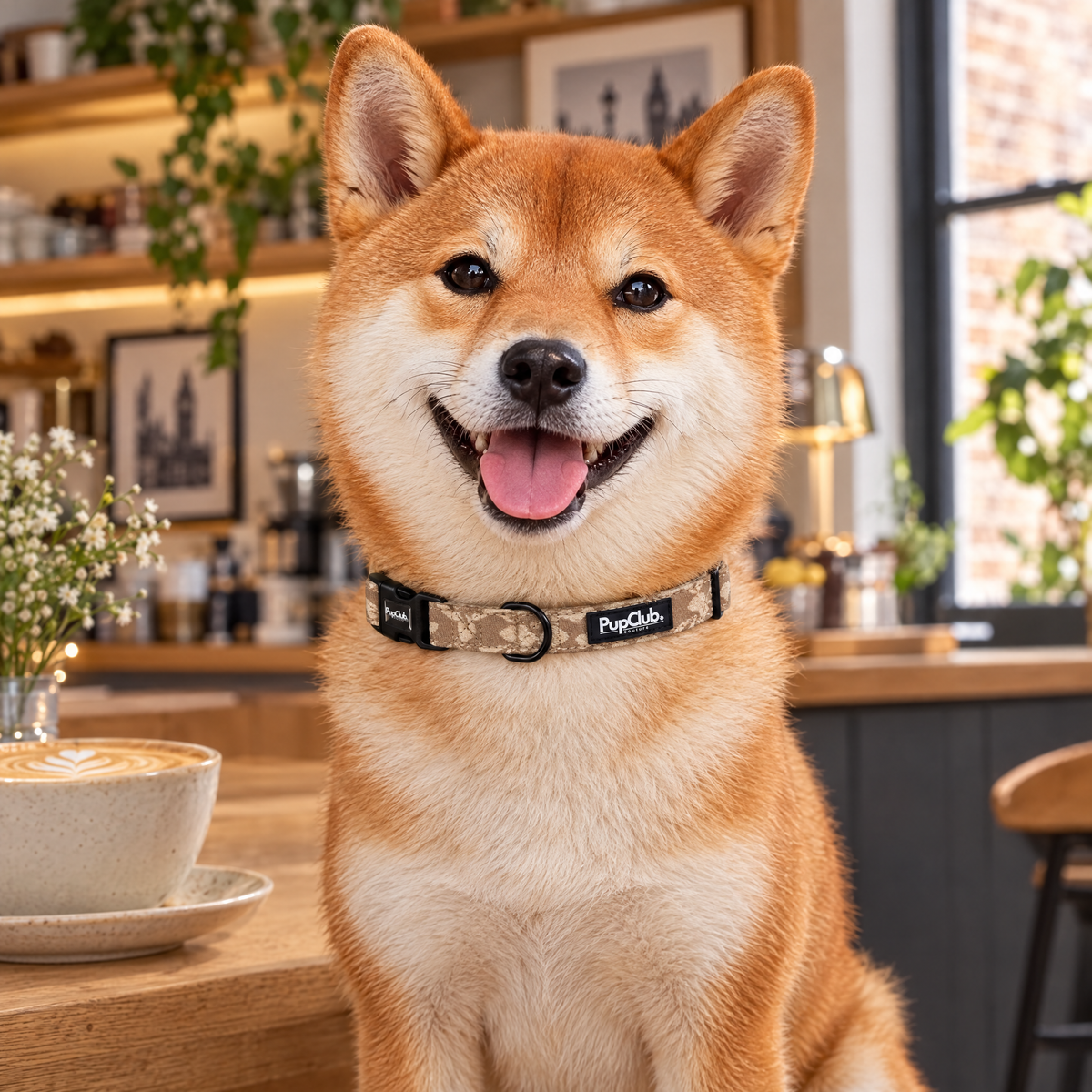 Close-up of The Toffee Latte Petals Luxe Dog Collar by PupClub Couture on a Shiba Inu, showing the buckle and D-ring