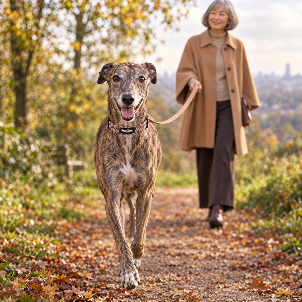 A Greyhound walking on Hampstead Heath wearing The Mocha Petals Luxe Dog Collar by PupClub Couture
