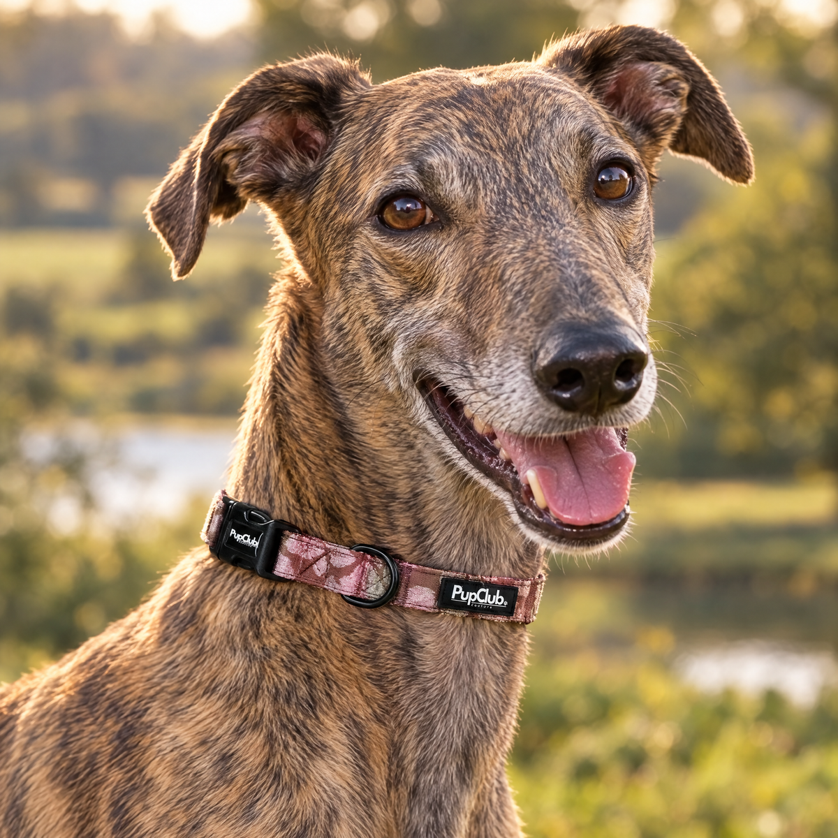 A Greyhound sitting in an Islington townhouse wearing The Mocha Petals Luxe Dog Collar by PupClub Couture