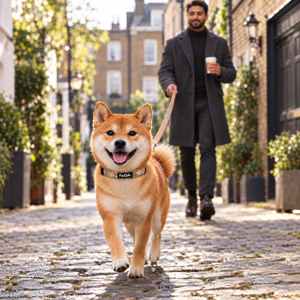 A Shiba Inu walking along a London mews wearing The Toffee Latte Petals Luxe Dog Collar by PupClub Couture