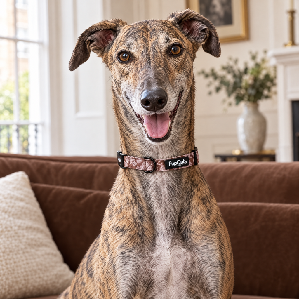 Close-up of The Mocha Petals Luxe Dog Collar by PupClub Couture on a Greyhound, showing the buckle and D-ring