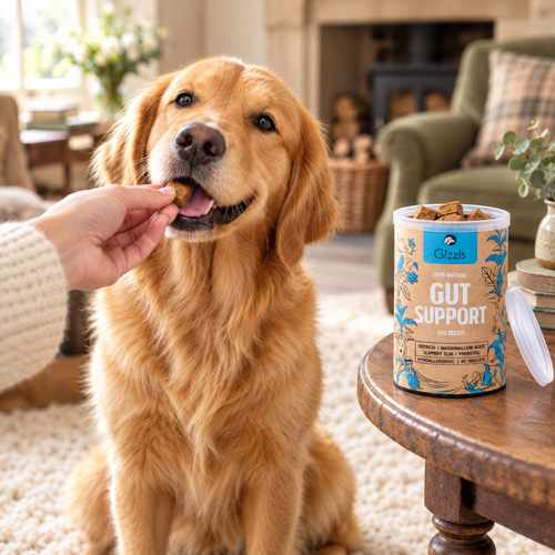 Golden Retriever gently taking a Gizzls Gut Support treat in a country drawing room