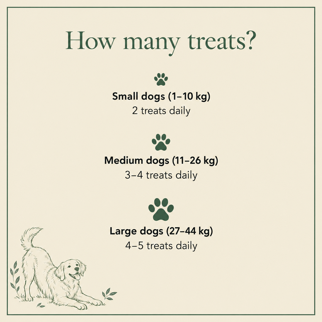 How many treats: small dogs 1-10 kg 2 treats daily, medium dogs 11-26 kg 3-4 treats daily, large dogs 27-44 kg 4-5 treats daily