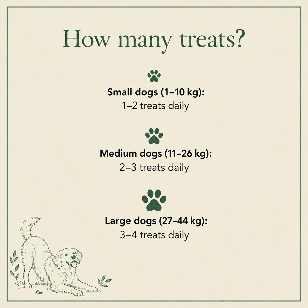 How many treats: small dogs 1-10 kg 1-2 treats daily, medium dogs 11-26 kg 2-3 treats daily, large dogs 27-44 kg 3-4 treats daily