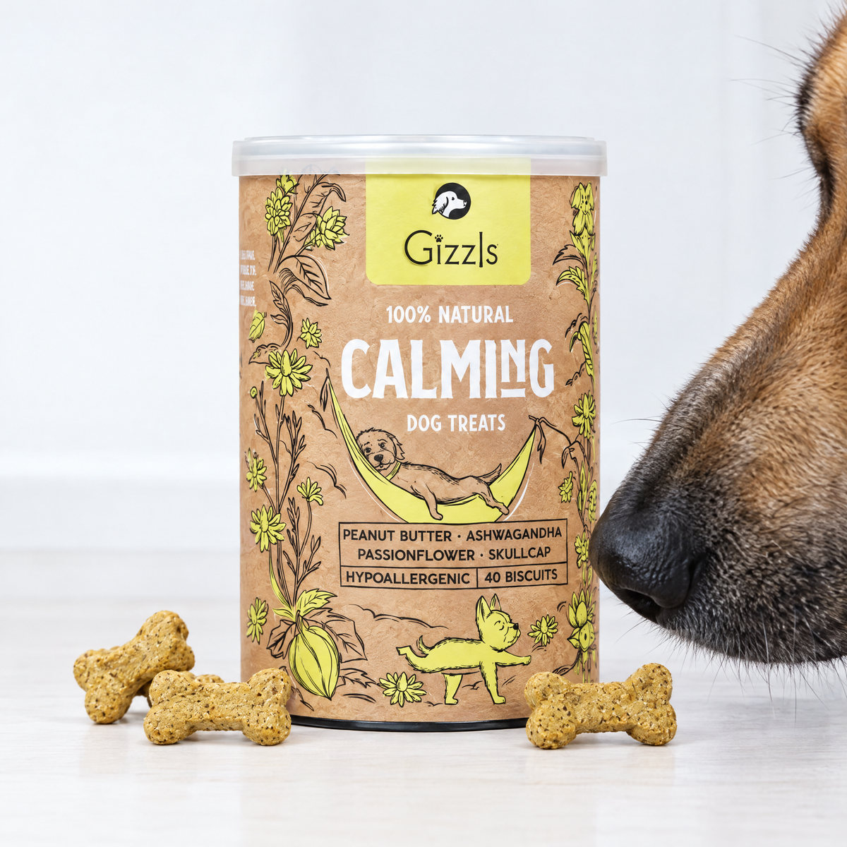 Tub of Calming Dog Treats by Gizzls with treats on a cream background