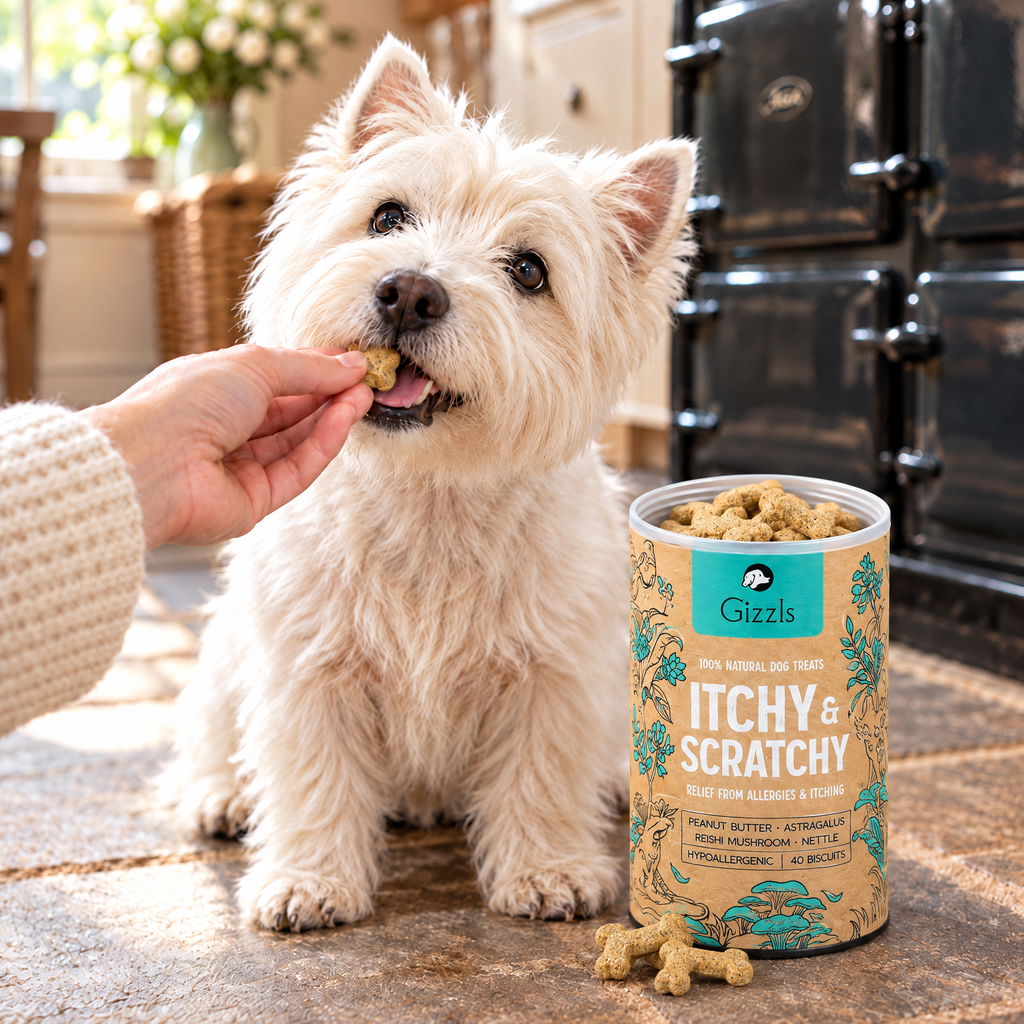 West Highland Terrier taking a bone-shaped treat from an open tub of Itchy and Scratchy Dog Treats by Gizzls