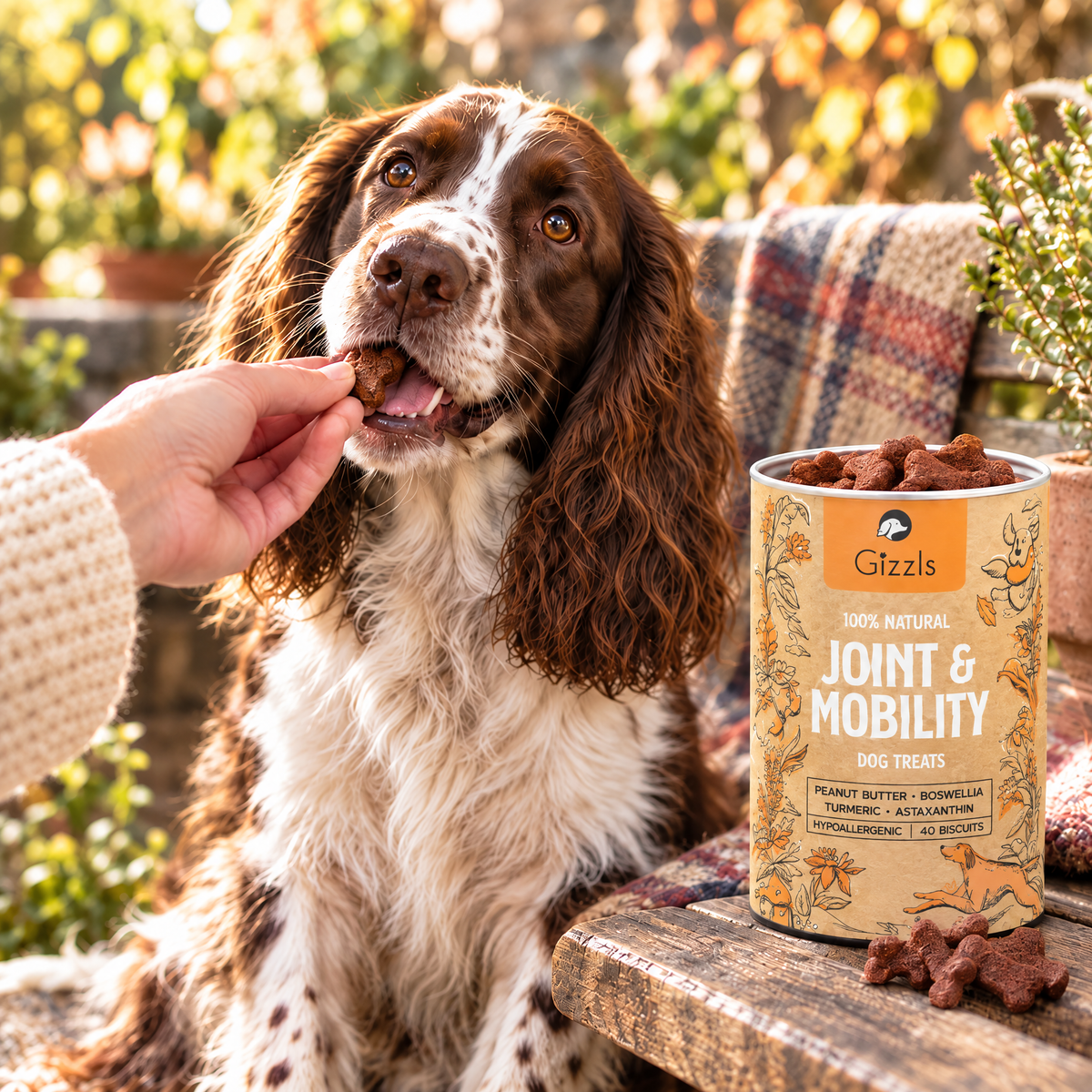 English Springer Spaniel taking a bone-shaped treat from an open tub of Joint and Mobility Dog Treats by Gizzls