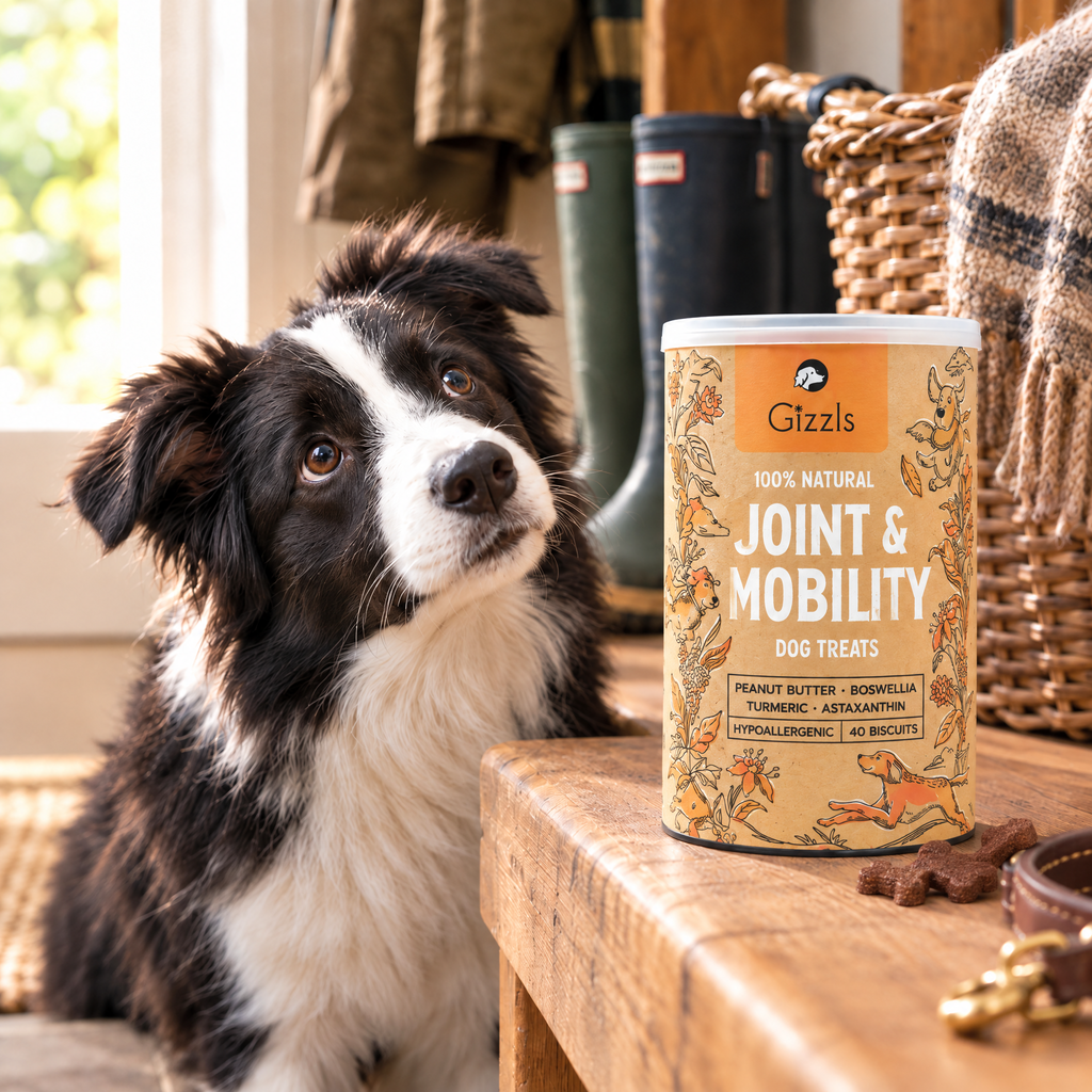 Border Collie gazing longingly at a tub of Joint and Mobility Dog Treats by Gizzls